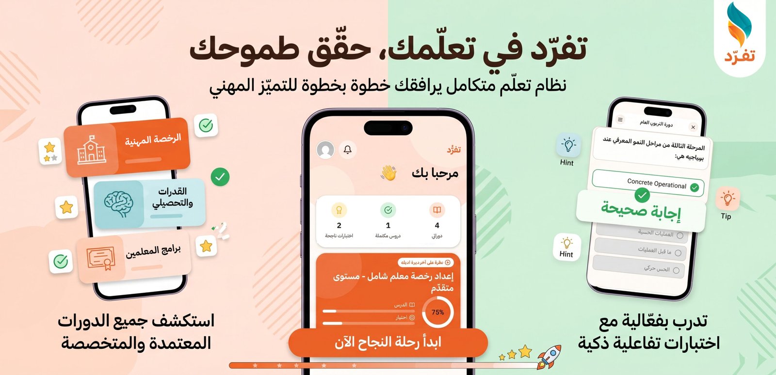 تطبيق تفرّد — الرخصة المهنية، القدرات والتحصيلي، برامج المعلمين، واختبارات تفاعلية ذكية